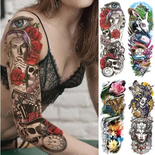 Large Arm Sleeve Tattoo Alice In Wonderland Waterproof Temporary Tatto Sticker Wolf Rose Body Art Full Fake Tatoo Women Men