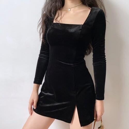 Europe Autumn Square Collar Slimming Advanced Texture Velvet Full Sleeve Split Sexy Mini Dress For Women 7ZTF