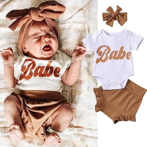 ZAFILLE Clothes For Newborns Outfits Letter Bodysuit Baby Romper+Ruffle Shorts+Headband Baby Girl Sleepwear Sets Kids Clothes