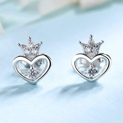 Cute Female Love Heart Stud Earrings 100% Real Sterling Silver Small Earrings Charm Crystal Crown Wedding Earrings For Women