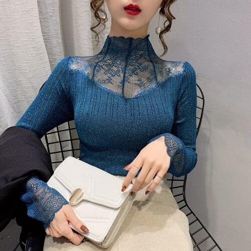 Sexy Lace Stitching Sweater Shirt 2021 Spring Half Turtleneck Female Long-Sleeved Render Unlined Slim Elegant Top Knit-Shirts