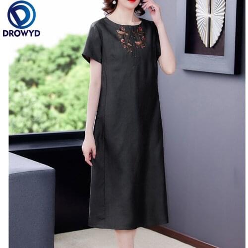 2021 Loose Black Embroidery Mulberry Silk Dresses Elegant Women Bodycon Vestidos Summer Casual Vintage Elegant Party Midi Dress