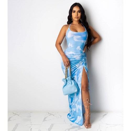 Sky Printting Sexy Spaghetti Strap Backless Lace-Up Women Casual Dress 2020 Summer Office Lady Fashion Clothes