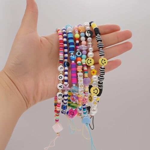 2021 Colorul Soft Pottery Star Glazed Smile Evil Eye Acrylic Handmade Beaded Chain for Cell Phone Strap Lanyard Jewelry