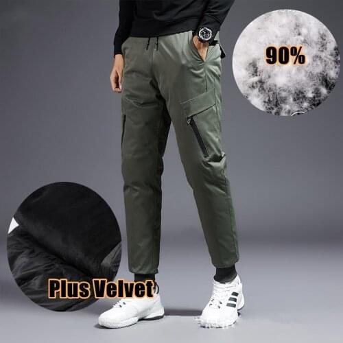 Plus Velvet Thick Down Cotton Pants Men Winter Windproof Warm Trousers Outdoor Waterproof Thermal Skiing Hiking Cargo Down Pants