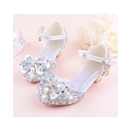 2021 Girls Bow-knot Rhinestone high-heeled Sandals , Princess Performance Dancing Summer PU Leather shoes, purple, pink & Silver