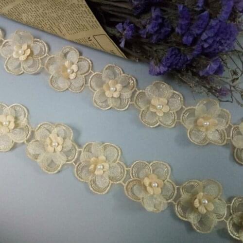 2 yard Gold Pearl Handmade Beaded Flower Embroidered Lace Trim Ribbon Double Layered Applique Dress DIY Sewing Craft New