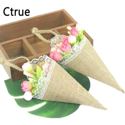 4pcs burlap jute Hessian Pew Cone Flower Holder Organizer Christmas Birthday Baby Shower Rustic Country Wedding Decoration