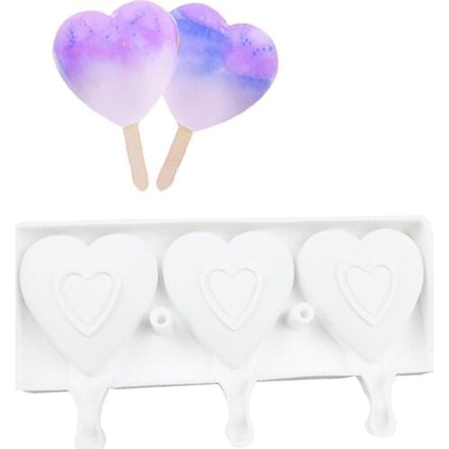 Eco-Friendly Creative 3 Heart Shaped Silicone Resin Popsicle Mold Ice Cream Cake Molds Kitchen Gadgets Dining Bar Accessories
