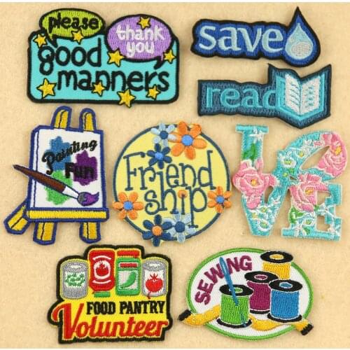 High-quality Drawing tools Patches for Clothes Iron Letters Flower Save Water And Read Books Embroidery Book Patch Coat Diy Deco