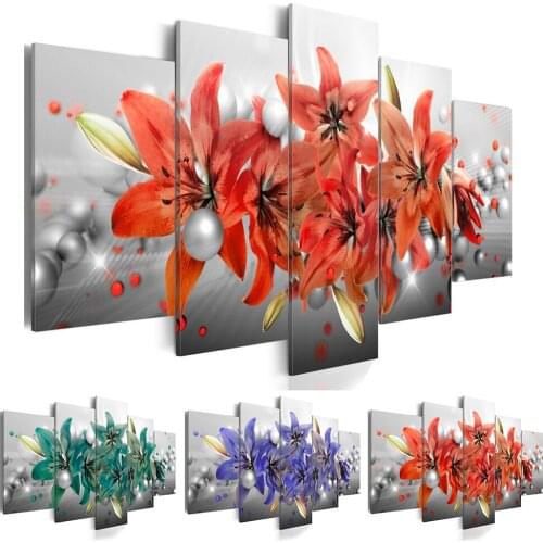 Canvas HD Printed Painting Wall Art 5 Panel Lily Flower Pearl Poster Home Decoration Pictures For Living Room Modular Framework