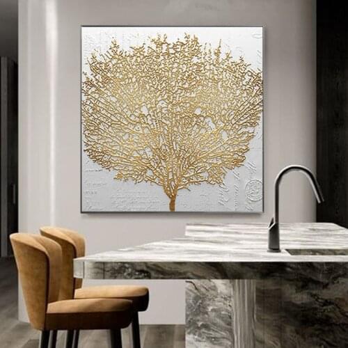 Nordic Style Golden Rich Tree Picture Light Oil Painting on Canvas Posters and Prints Cuadros Wall Art Pictures for Living Room