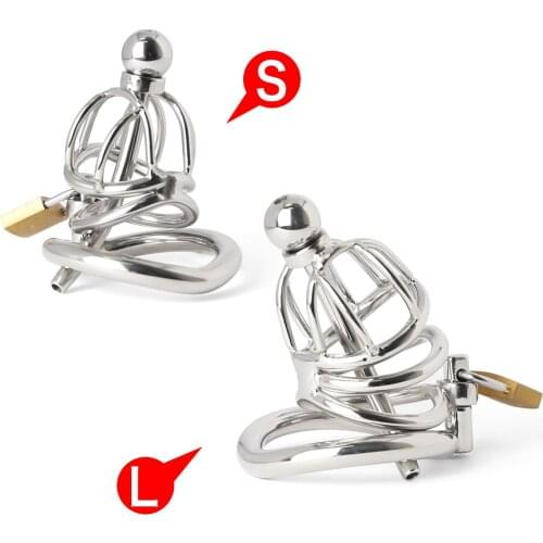 2 Size Stainless Steel Cock Cage with Urethral Catheter Erotic Chastity Device Prison Penis Cock Ring Sex Toys for Men C061/062