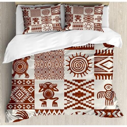Southwestern Duvet Cover Set Frames with Patterns and Grunge Look 3 Piece Bedding Set Redwood and Eggshell