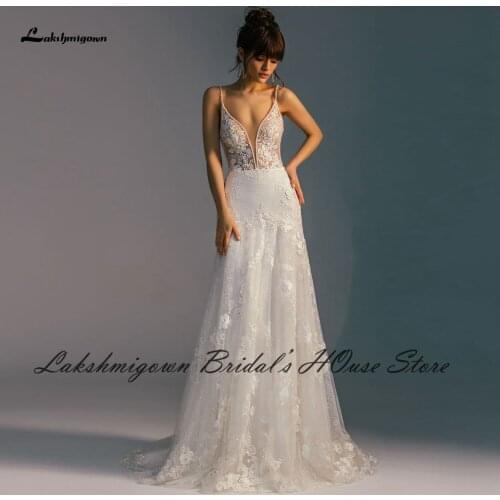 Lakshmigown Robe Vintage Backless Mermaid Wedding Dress Spaghetti Straps Beaded Lace Vestido Boho Chic Bridal Wedding Gowns