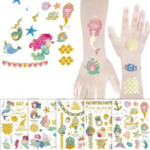 Mermaid Bronzing Tattoo Cute Stickers Cartoon Childrens Metallic Gold Body Temporary Flash Tattoos for Kids Glitter Fake Tattoo