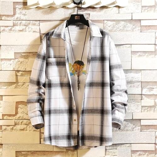 HIP HOP Streetwear Casual Oversize Plaid Flannel White Black Shirt Men Long Sleeve 2020 Loose Spring Autumn Korea Clothes