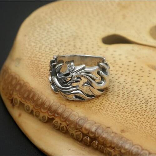 Solid Silver 925 Mens Ring Cuting China Dragon Cuff Band Gothic Punk Style 100% Real 925 Sterling Silver Jewelry Men Cool Bijoux