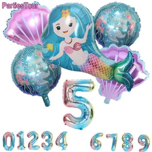 6pcs 5 6 8 Number 32Inch Balloons Birthday Party Girls Mermaid Foil Rainbow Ballon Decoration Home Wedding Party Supplies