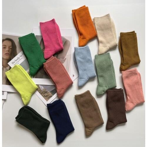 Hot Sale Simple Womens Solid Socks Girls Candy Color Knitted Socks Spring Autumn Combed Cotton Socks Pure Color Retro Famale Sox