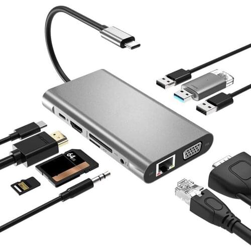 New USB Splitter 3.0 Type-C To HDMI 4K Adapter 10 In One Multiple Hub RJ45 SD TF 3.5mm Audio And Mic For MacBook PC Accessories