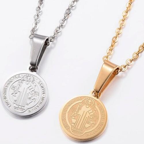 304 Stainless Steel Pendant Necklaces Flat Round with San Benito Pattern Mixed Color 17.7"(45cm); 1.5mm