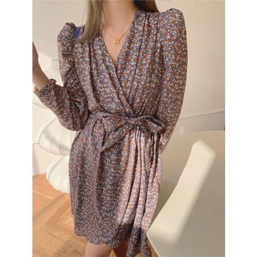 Fashion Women 2021 Spring Autumn Loose Print Dress Casual Female Japan V-Neck French Vintage Full Sleeve Min Dress Sashes DS272