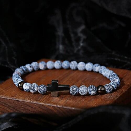 Charm Vintage 6MM Weathered Stone Bracelet Women Men Fashion Hematite Croos Beaded Bracelets Yoga Jewelry