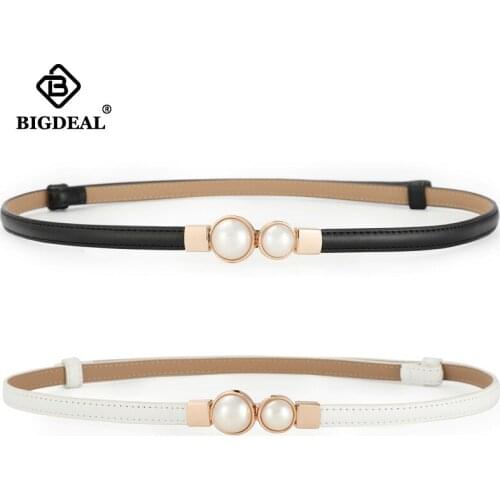 Fashion Slim Belt Women Pearl Buckle Cowhide Waist Belt Brand Elegant Female Adjustable Real Leather Belt Strap