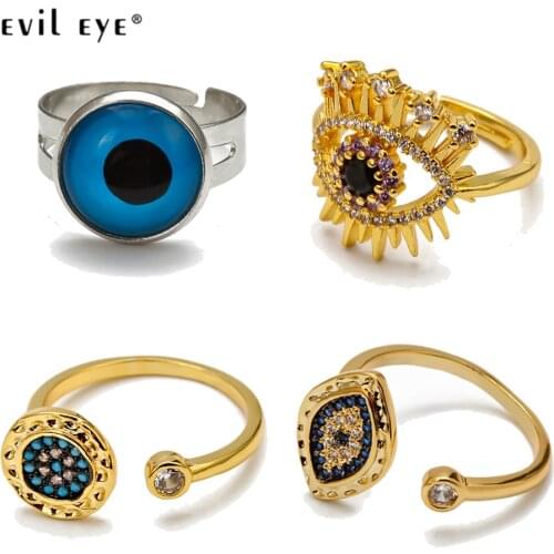 EVIL EYE Blue Zircon Turkish Evil Eye Open Ring Gold Silver Color Wedding Band Ring Adjustable Fashion Jewelry for Women Men