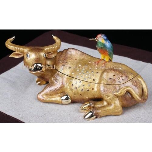 FengShui Cow Cattle Trinket Box Home Decorative Metal Animal Ox Crafts with Bird Cute and Humor Cow Treasure Jewelry Storage Box