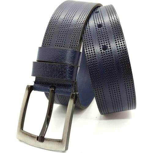 Genuine Soft Leather Handmade Blue Man Belt High Quality Calfskin For Pants Metal Buckle For Casual Gift For Valentines Day