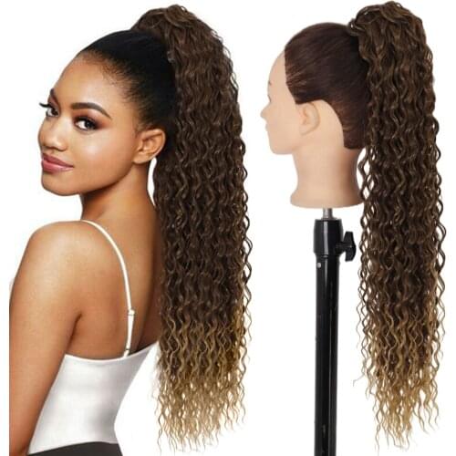 Azqueen Long Water Wave Ponytail Synthetic Clip-in Extension 24Inch Drawstring Pony Hair Piece Black Brown Ombre Color