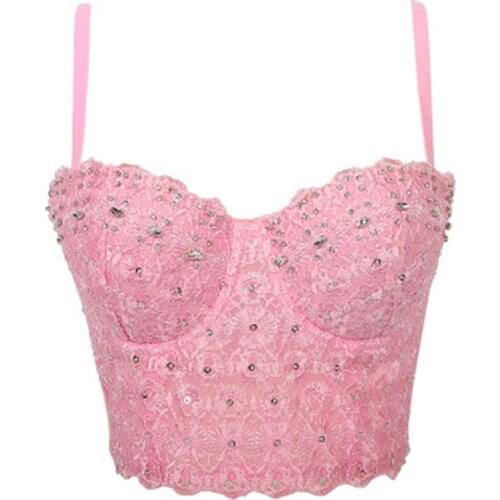 Cropped Tops Built in Bra Women 2020 Pink Lace Bright Glass Beading Crop Top With Straps Sexy Women Corset Tops To Wear Out