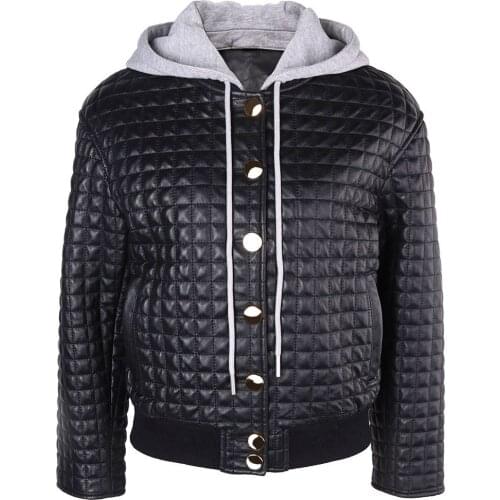 YOLOAgain Women Real Leather Jacket Hooded Single Breasted Plaid Black Bomber Jacket