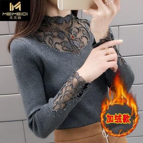 Woman Tshirts Knitted T-shirt Womens Autumn Winter Lace Long-Sleeved Top Tops Mujer Camisetas