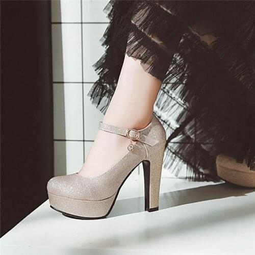 YMECHIC 2019 Fashion Silver Gold Heels Party Wedding Shoes Platforms Bling Purple High Heel Mary Jane Shoes Woman Pumps Big Size