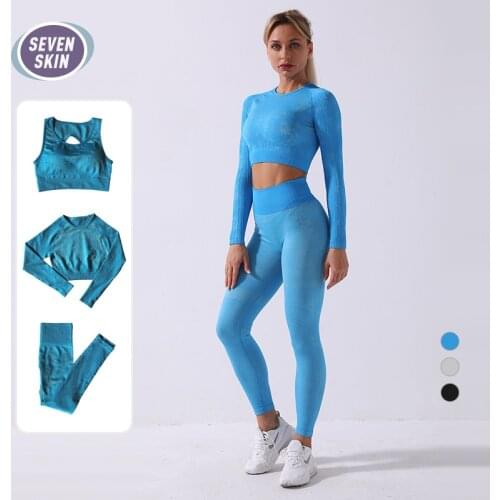 SEVEN SKIN Womens Sportswear Athletic Yoga Set Workout Clothes Gym Leggings Seamless Sports Bra Crop Top Long Sleeve Yoga Suits