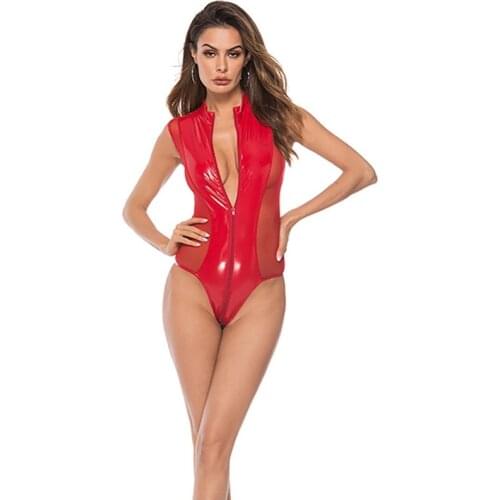 Zipper Open Crotch Catsuit Sexi Erotic Spandex Leotard Sex Women Red Sexy Lingerie Mesh Fabric Faux Leather Transparent Bodysuit