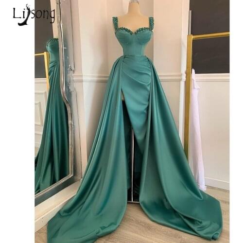 Elegant Green Mermaid Evening Dresses 2021 With Detachable Train Sexy Split Long Evening Gowns Real Image Vestidos Formales