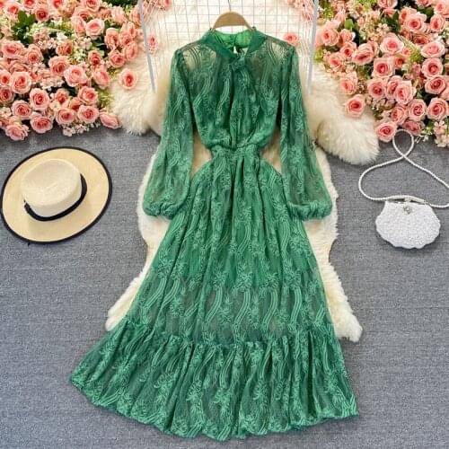 Autumn Red/Green/Yellow Lace Long Dress For Women Vintage Stand Collar Puff Sleeve High Waist A-Line Party Maxi Vestidos 2021