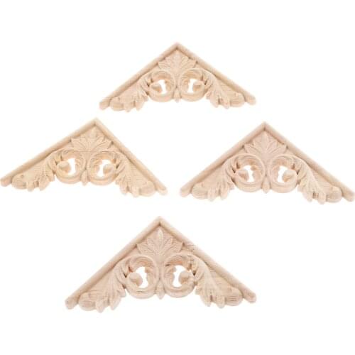 4pcs 11cm Vintage Natural Wood Carved Decal Corner Onlay Triangle Shape Applique Frame Furniture Wall Unpainted Decor 3D Flower