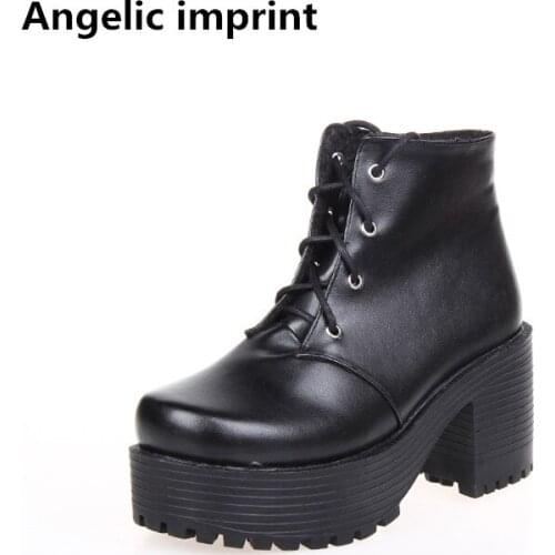 Angelic imprint mori girl Women punk motorcycle boots lady lolita ankle short Boots woman high trifle heels pumps shoes 35-40