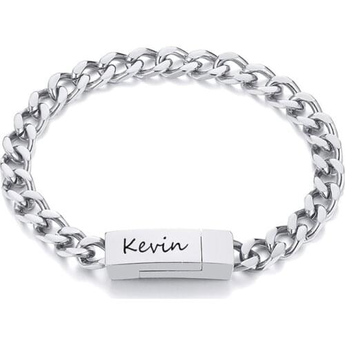 Vnox Custom Name Clasp Mens Bracelet Stainless Steel Women Curban Chain Wristband Unisex Casual Street Simple Jewelry