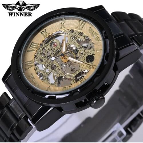 Winner Luxury Clock Men Leather Skeleton Watch Classic Retro Black Golden Dial Relogio Male Masculino Mechanical Watch Mens