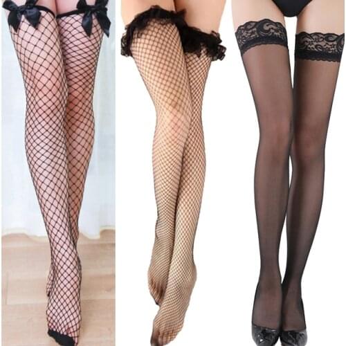 3Pairs Girls Women Sexy Stockings Lace Top Thigh High Nets Fishnet Over The Knee Socks Nightclubs Pantyhose Tights Black Medias