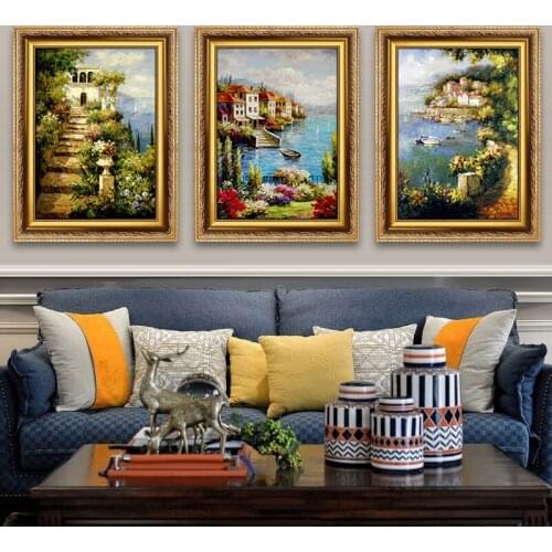 EECAMAIL Newest 5D Diamond Painting Living Room Full Drill Mediterranean Landscape Town Diamonds Triptych European style Embroid