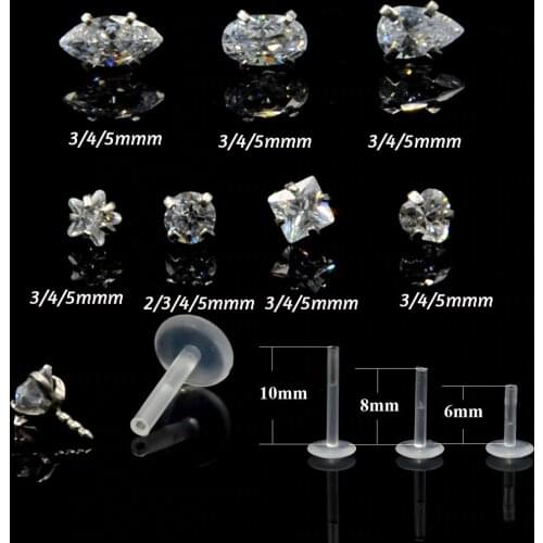 1Pc Bioplast Flexible 16G 6/8mm Ear Cartilage Tragus Piercing Body Jewelry Push-in Labret Lip Stud with Press Fit Steel Zircon