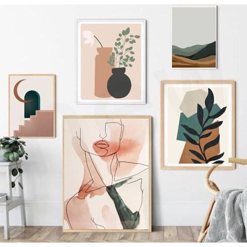 Canvas Painting for Living Room Boho Decor Abstract Line Figure Poster Terracotta Plants Mountain Landscape Wall Art Pictures
