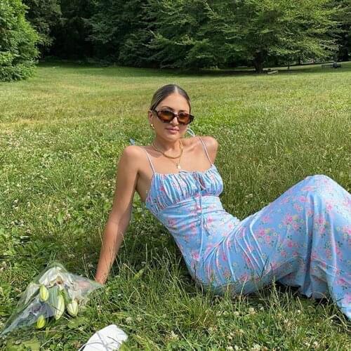 Summer Woman Blue Floral Dress Sexy Backless Sleeveless Bandage Ruched Maxi Dresses for Women Party Chic Lady Clothes